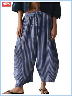 Striped Harem Pants Baggy Wide Leg Drawstring Palazzo with Pockets